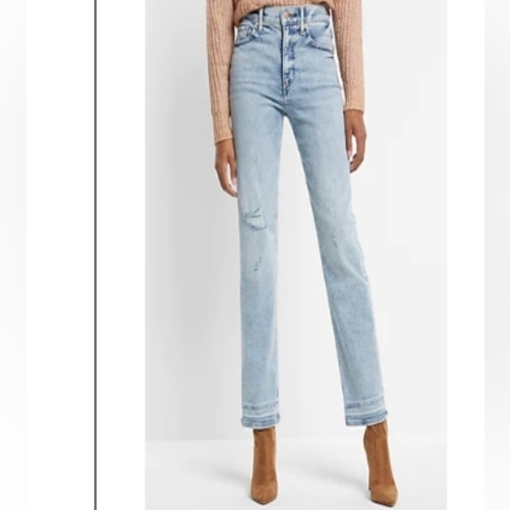 Express High Waisted Ripped Straight Jean